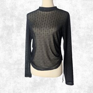 Guess Black Sheer Mesh Monogram Top – Edgy Long Sleeve Festival Layering XL